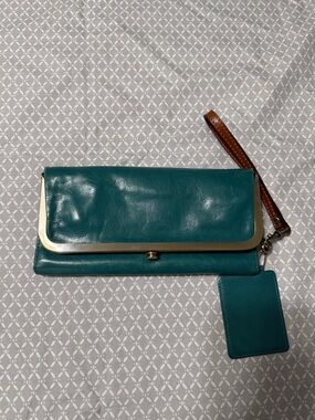 HOBO Teal Leather Wristlet Clutch with Brown Strap and Gold Trim